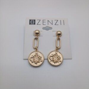 Zenzii Engraved Coin and Link Drop Earring, Gold Drop Earrings